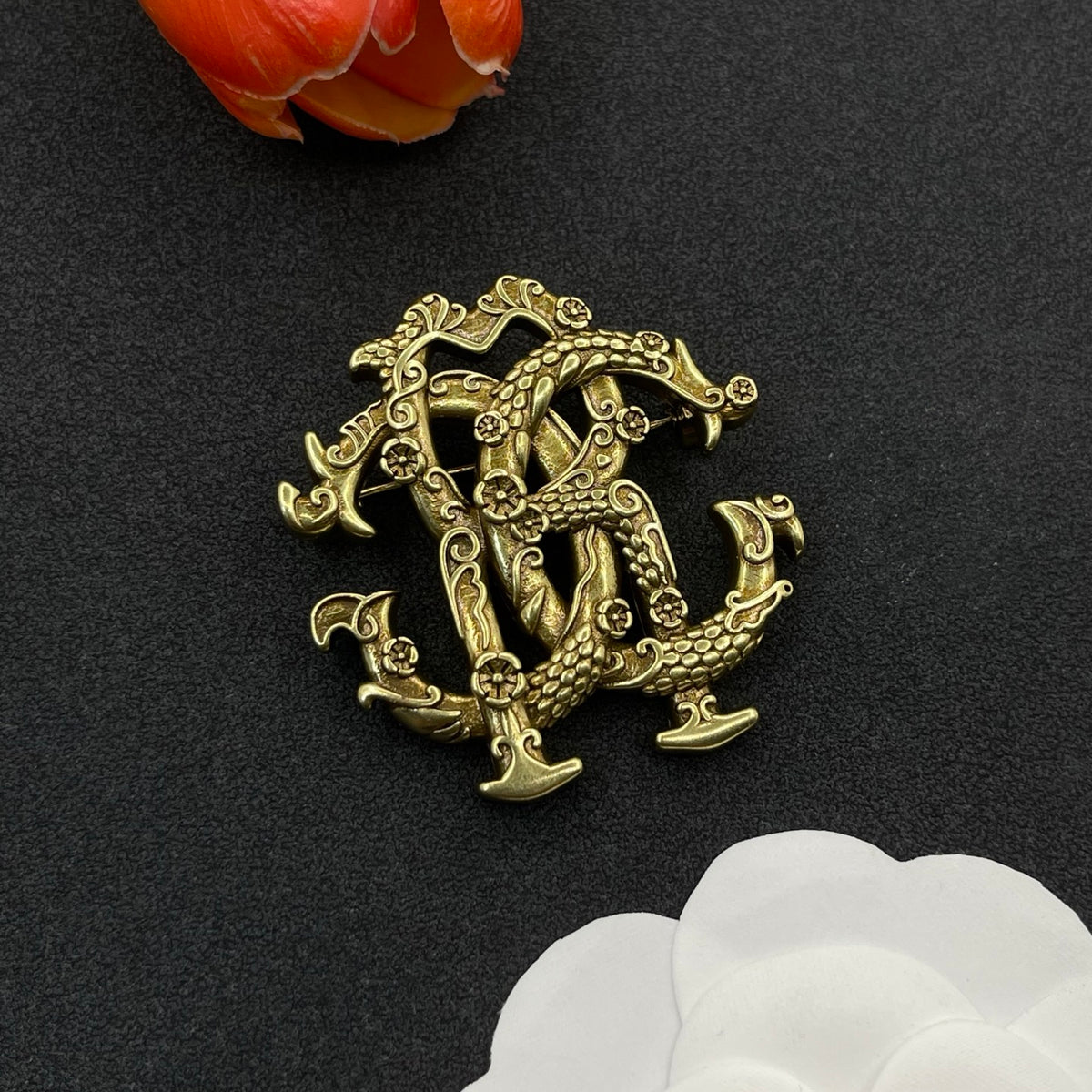 Roberto Cavalli sculpted RC monogram brooch in Antique Gold Tone, main view