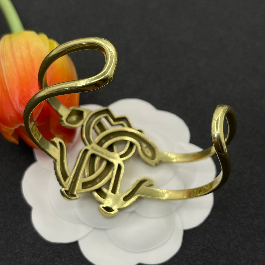 Roberto Cavalli open cuff bracelet with RC monogram in Antique Gold Tone, detail view 5