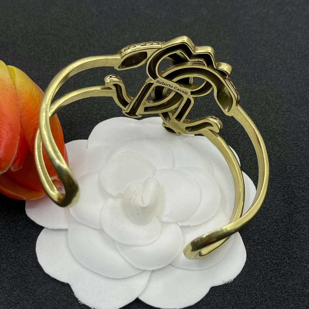 Roberto Cavalli open cuff bracelet with RC monogram in Antique Gold Tone, detail view 6