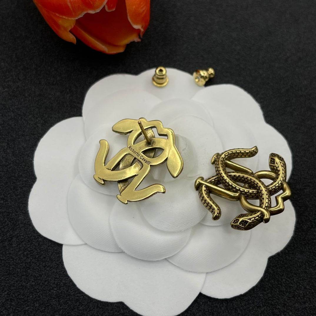 Roberto Cavalli RC monogram stud earrings in Antique Gold Tone, detail view 5