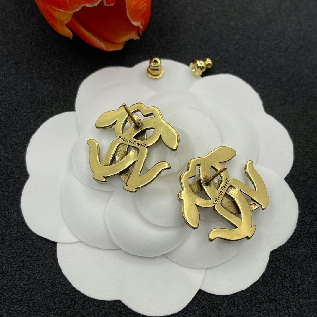 Roberto Cavalli RC monogram stud earrings in Antique Gold Tone, detail view 6