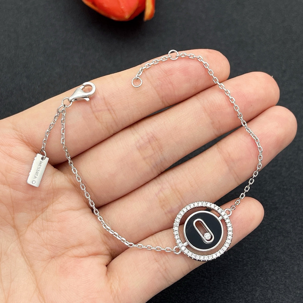 Messika Oval Enamel Bar Chain bracelet in Silver & Black, detail view 23