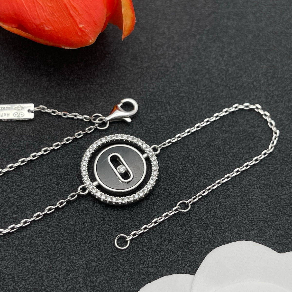 Messika Oval Enamel Bar Chain bracelet in Silver & Black, detail view 27