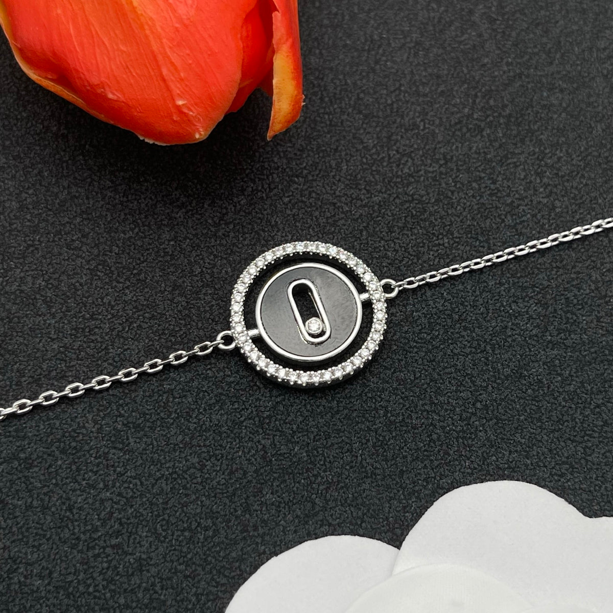 Messika Oval Enamel Bar Chain bracelet in Silver & Black, detail view 25