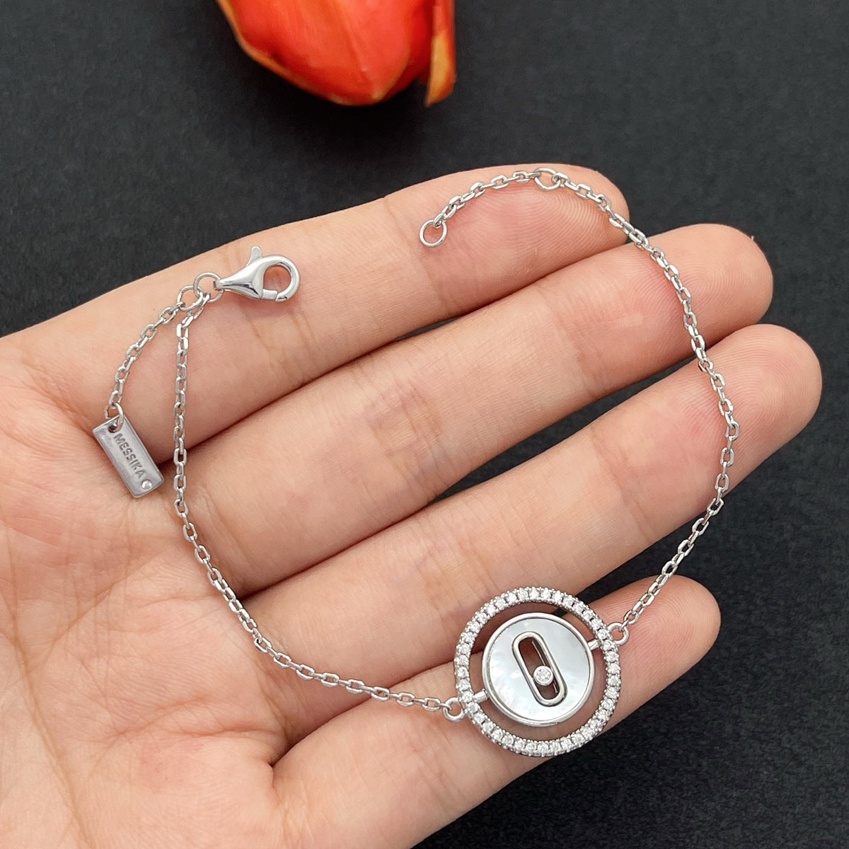 Messika Oval Enamel Bar Chain bracelet in Silver & White, detail view 9
