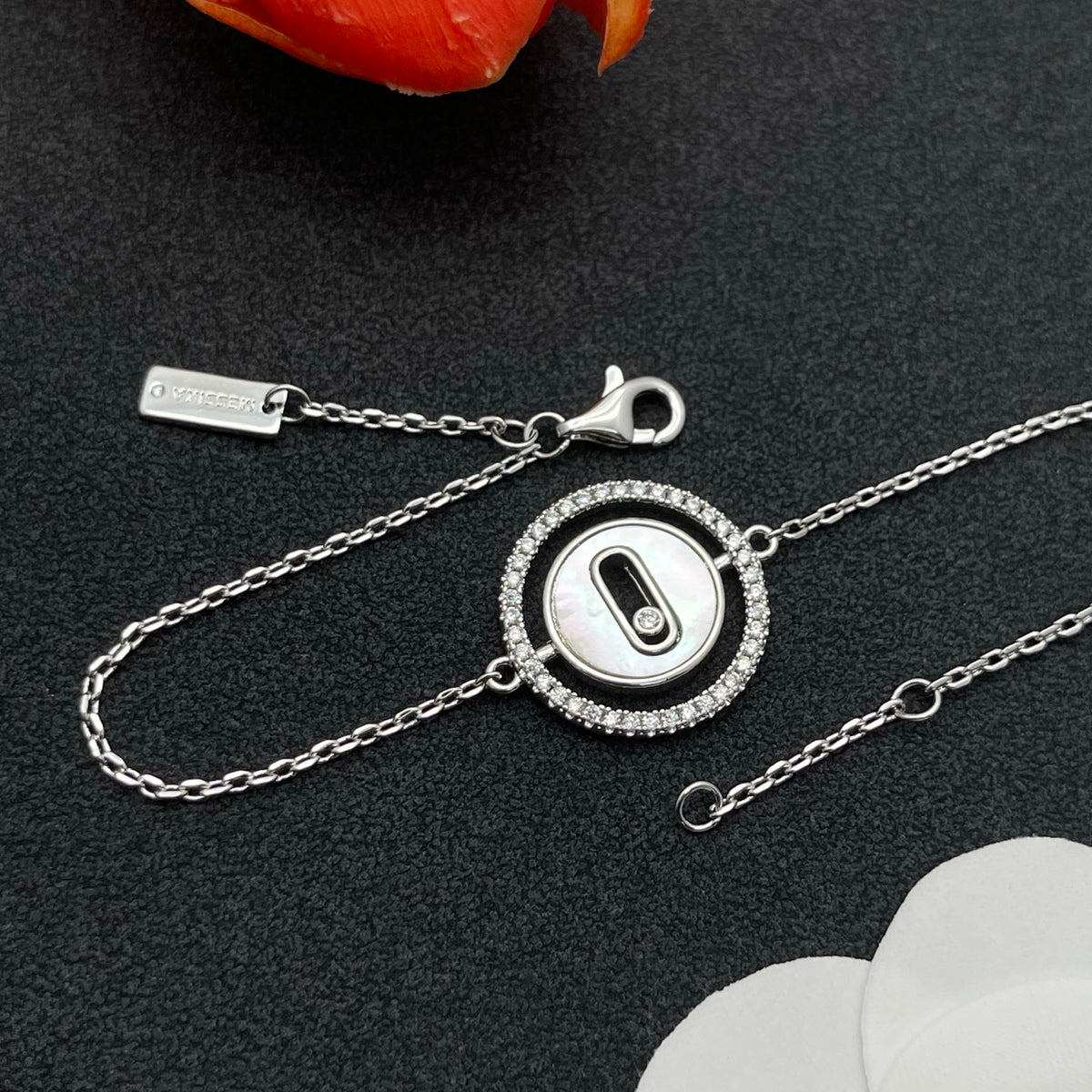 Messika Oval Enamel Bar Chain bracelet in Silver & White, detail view 13