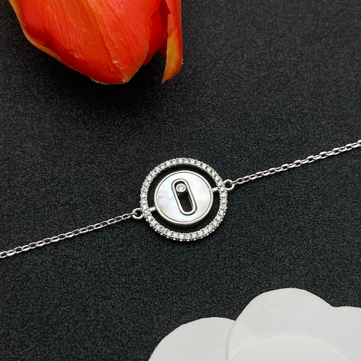 Messika Oval Enamel Bar Chain bracelet in Silver & White, detail view 11
