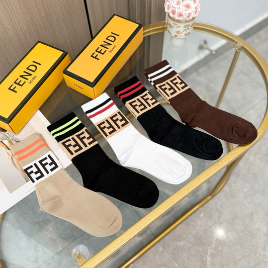 Fendi Black Cream Brown Large Cuff Letter Crew Socks, image 1