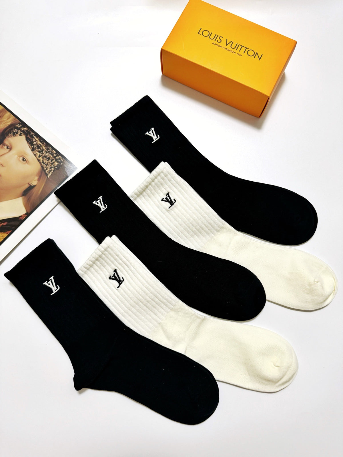 Louis Vuitton Black Cream Tall Small Cuff Monograms Crew Socks, image 8