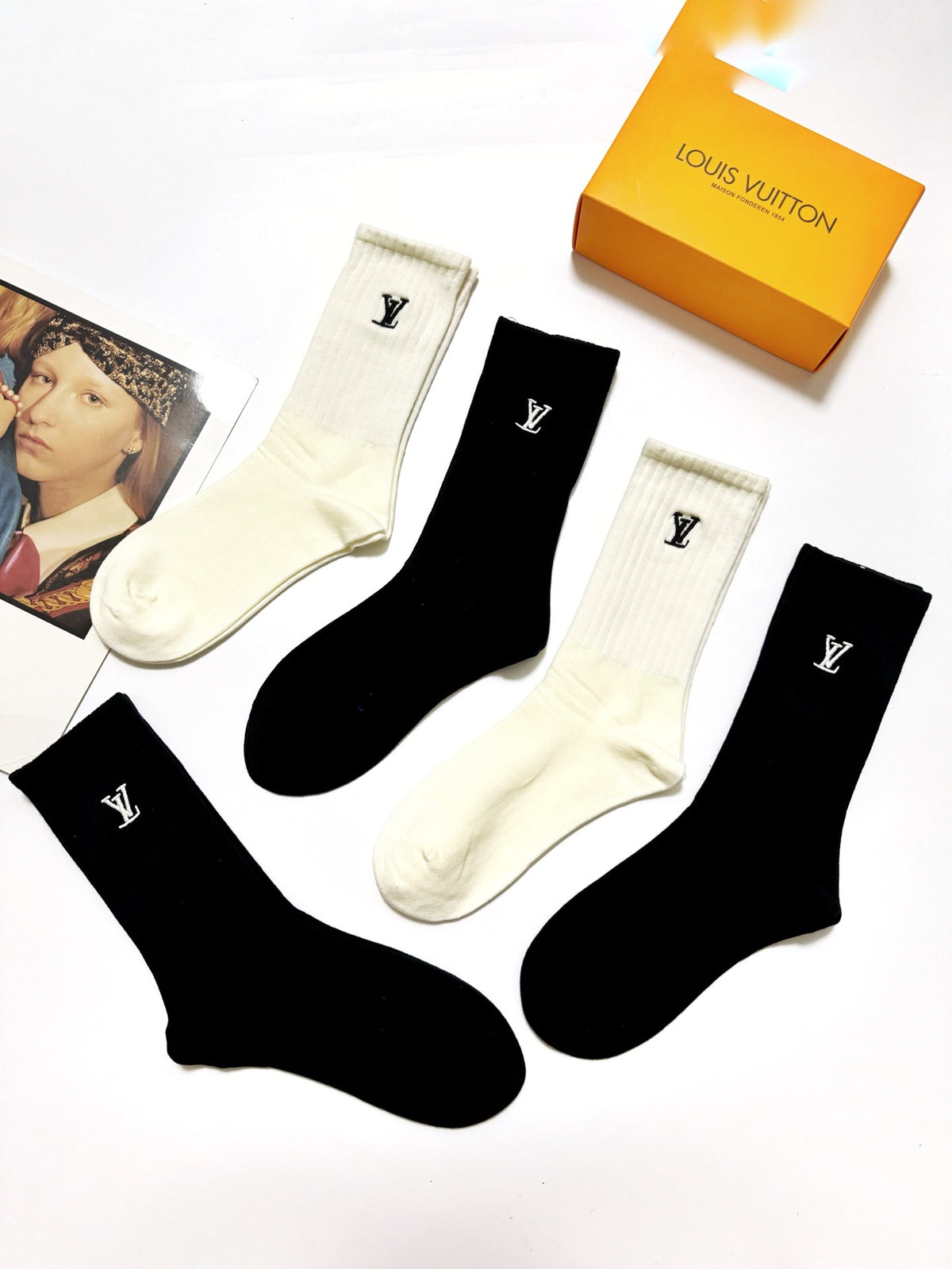 Louis Vuitton Black Cream Tall Small Cuff Monograms Crew Socks, image 5