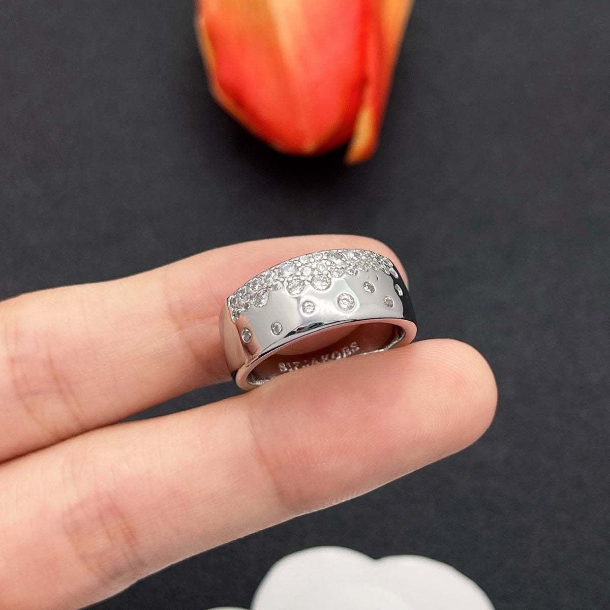 Sif Jakobs pave crystal wide band ring in Silver Tone, detail view 18