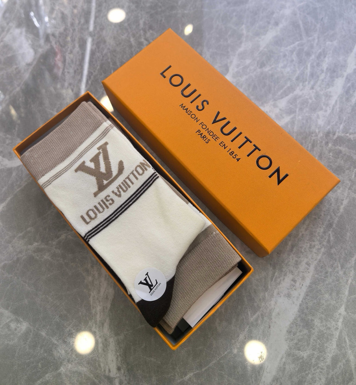 Louis Vuitton Grey Cream Brown Broad Cuff Letters Crew Socks, image 1