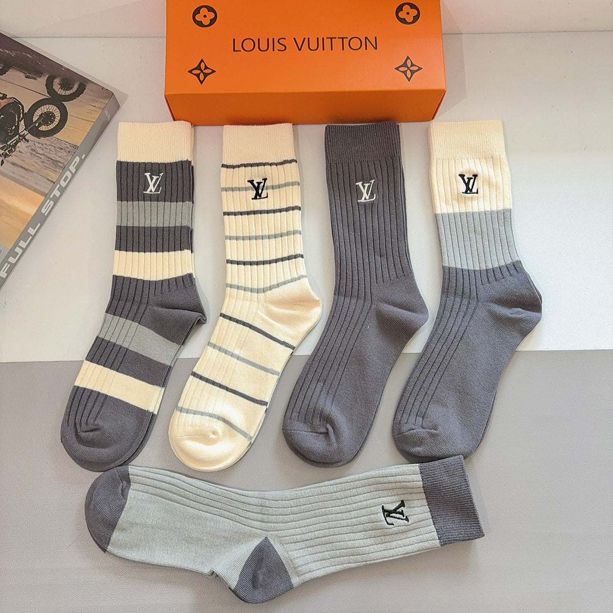 Louis Vuitton Neutral Broad Stripe Cuffs Crew Socks, image 5