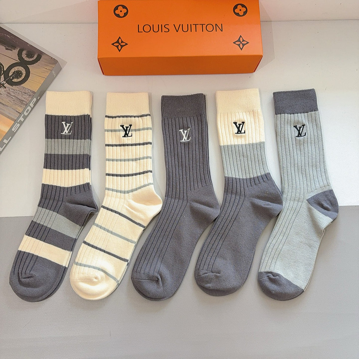Louis Vuitton Neutral Broad Stripe Cuffs Crew Socks, image 2