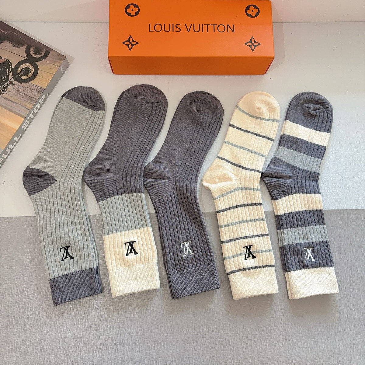Louis Vuitton Neutral Broad Stripe Cuffs Crew Socks, image 3