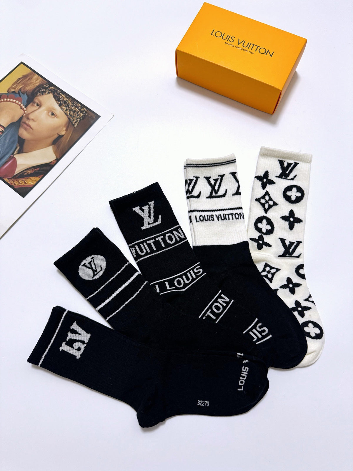 Louis Vuitton Black White Bold Mixed Wordmarks Crew Socks, image 9
