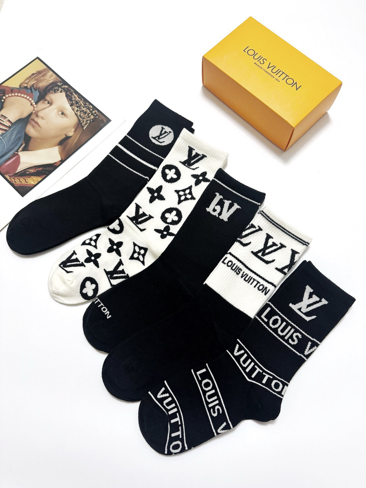 Louis Vuitton Black White Bold Mixed Wordmarks Crew Socks, image 2