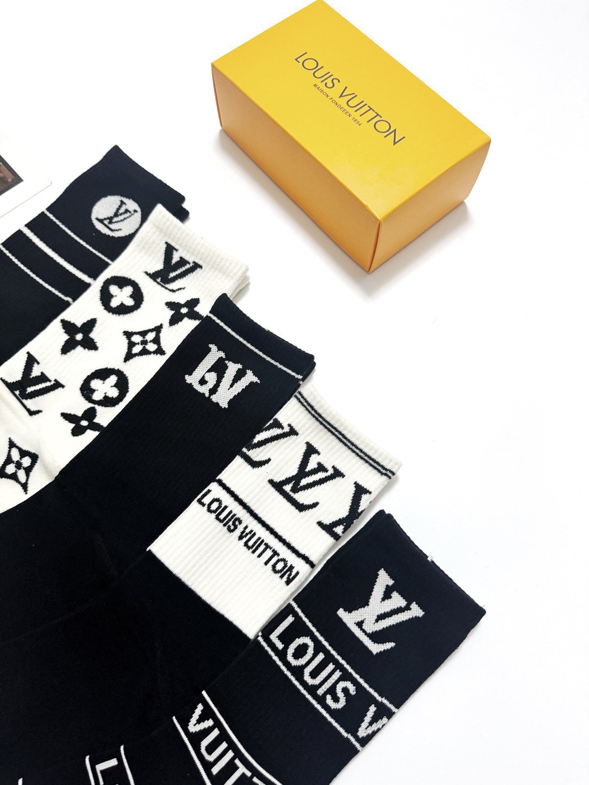 Louis Vuitton Black White Bold Mixed Wordmarks Crew Socks, image 3