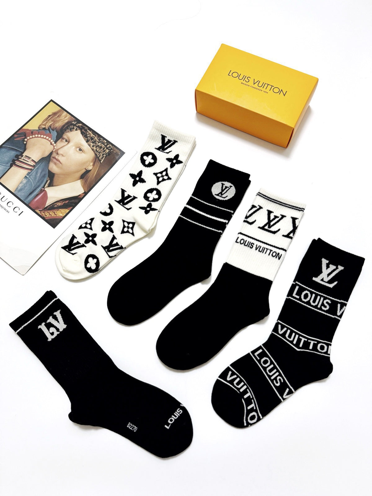 Louis Vuitton Black White Bold Mixed Wordmarks Crew Socks, image 6