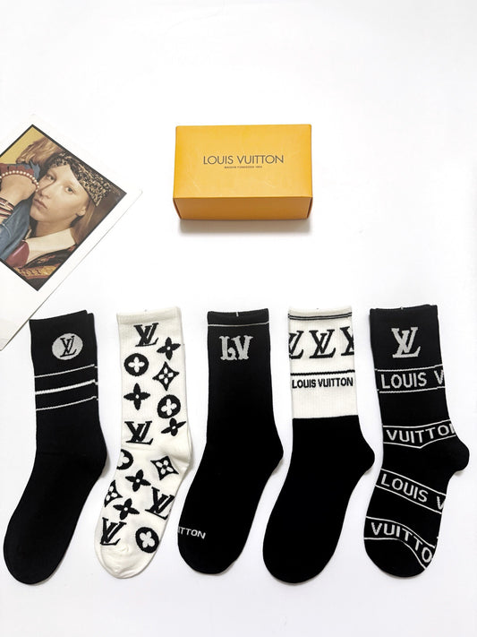Louis Vuitton Black White Bold Mixed Wordmarks Crew Socks, image 1