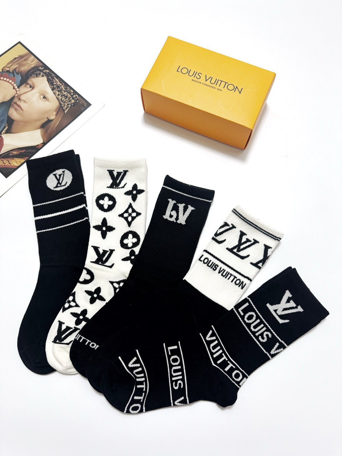 Louis Vuitton Black White Bold Mixed Wordmarks Crew Socks, image 4
