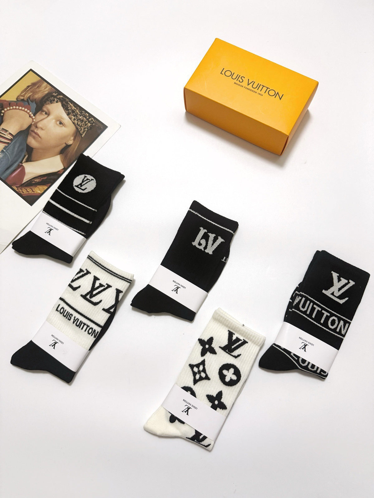 Louis Vuitton Black White Bold Mixed Wordmarks Crew Socks, image 10