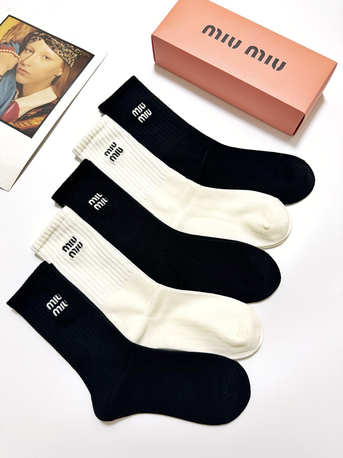 Miu Miu Black Cream Tall Plain Wordmark Crew Socks, image 7