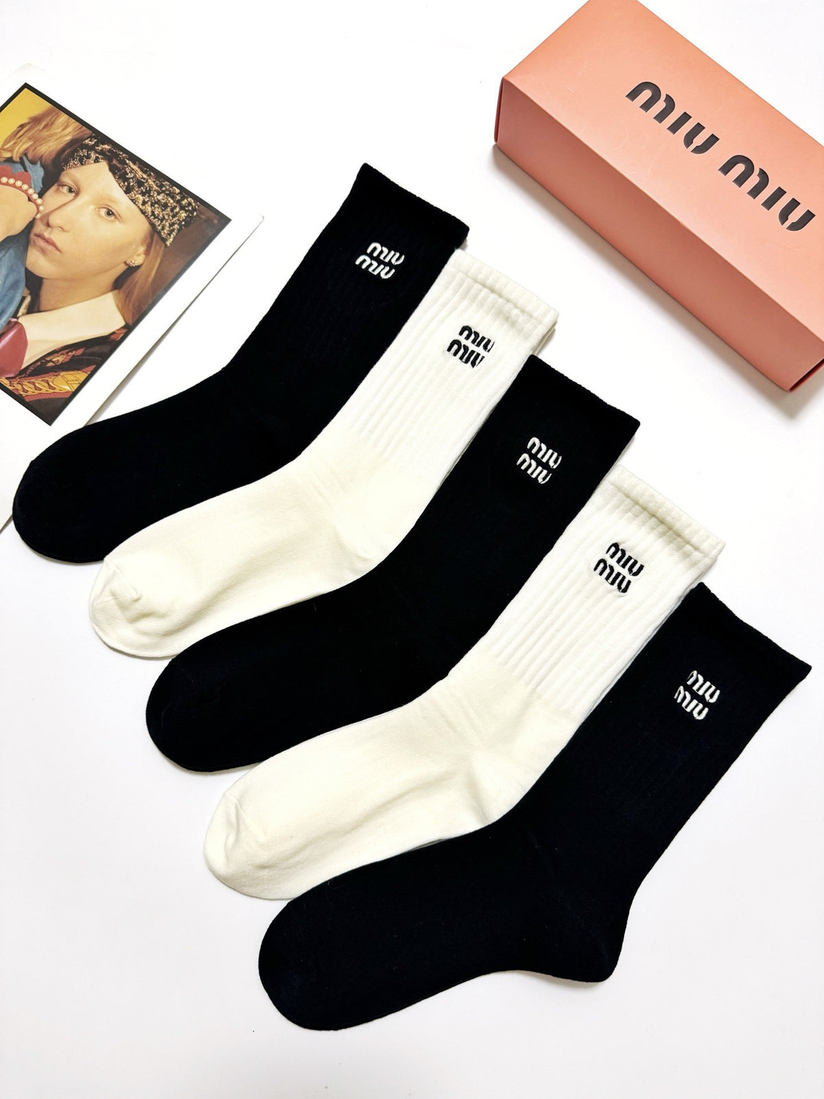 Miu Miu Black Cream Tall Plain Wordmark Crew Socks, image 2