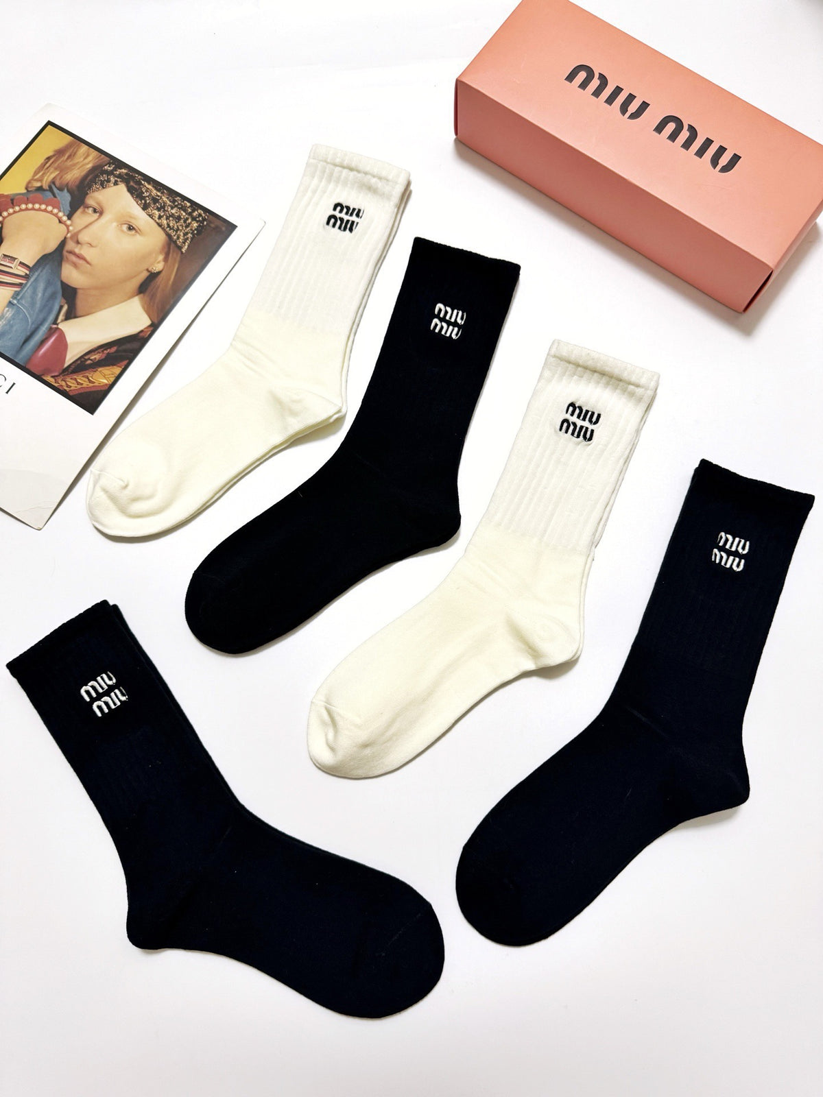 Miu Miu Black Cream Tall Plain Wordmark Crew Socks, image 4
