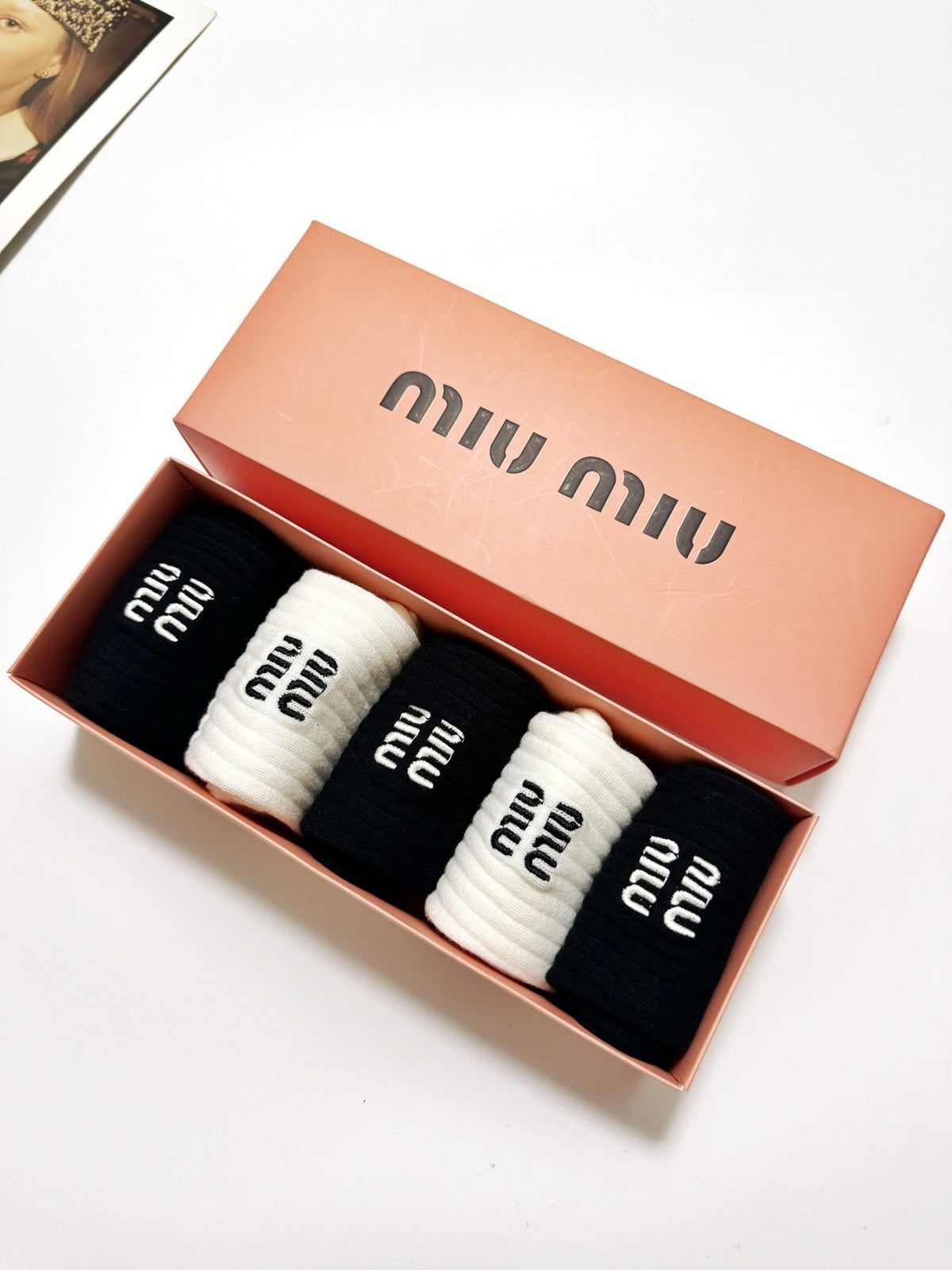 Miu Miu Black Cream Tall Plain Wordmark Crew Socks, image 9