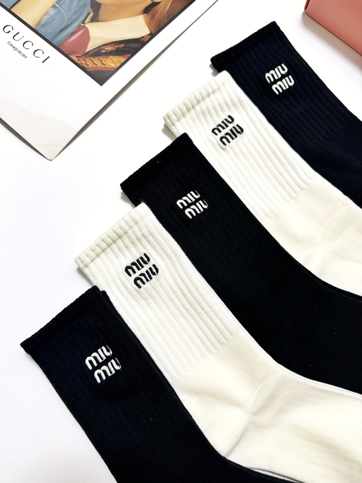 Miu Miu Black Cream Tall Plain Wordmark Crew Socks, image 8