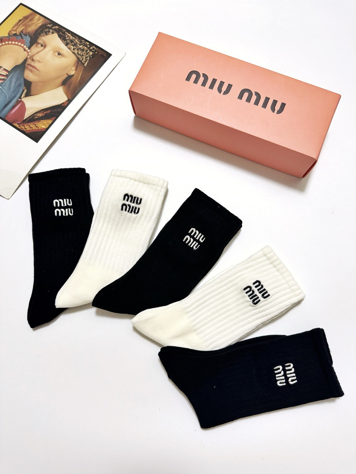 Miu Miu Black Cream Tall Plain Wordmark Crew Socks, image 10