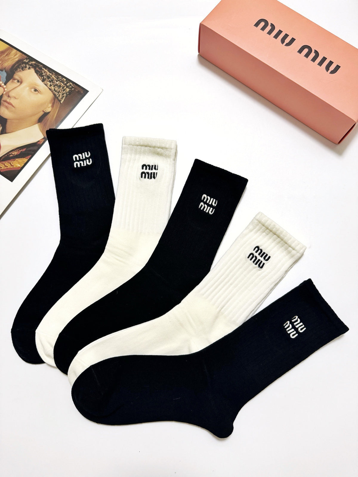 Miu Miu Black Cream Tall Plain Wordmark Crew Socks, image 5