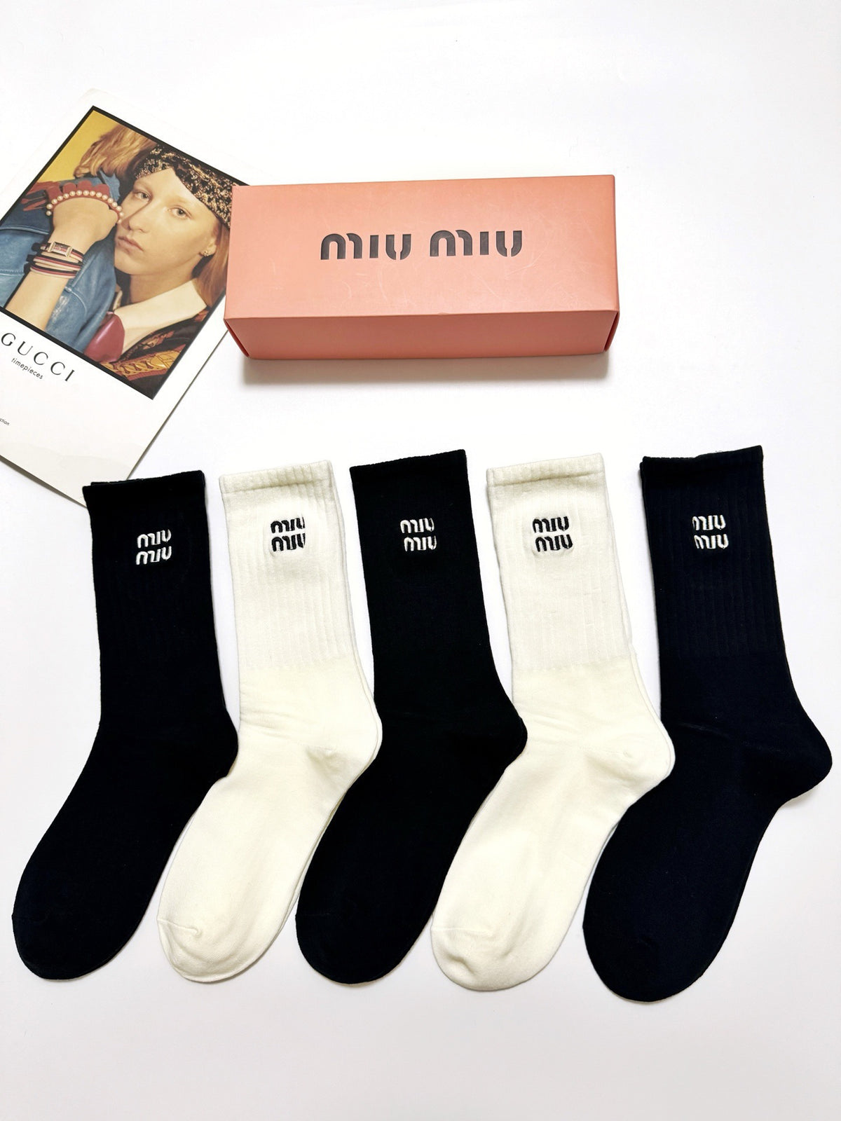 Miu Miu Black Cream Tall Plain Wordmark Crew Socks, image 1