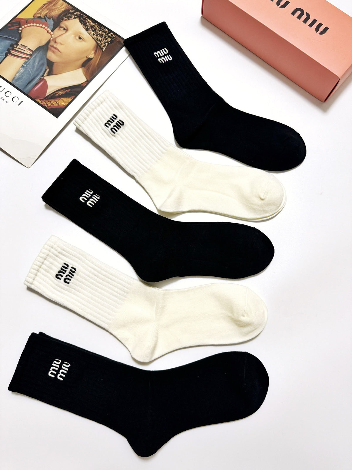 Miu Miu Black Cream Tall Plain Wordmark Crew Socks, image 6