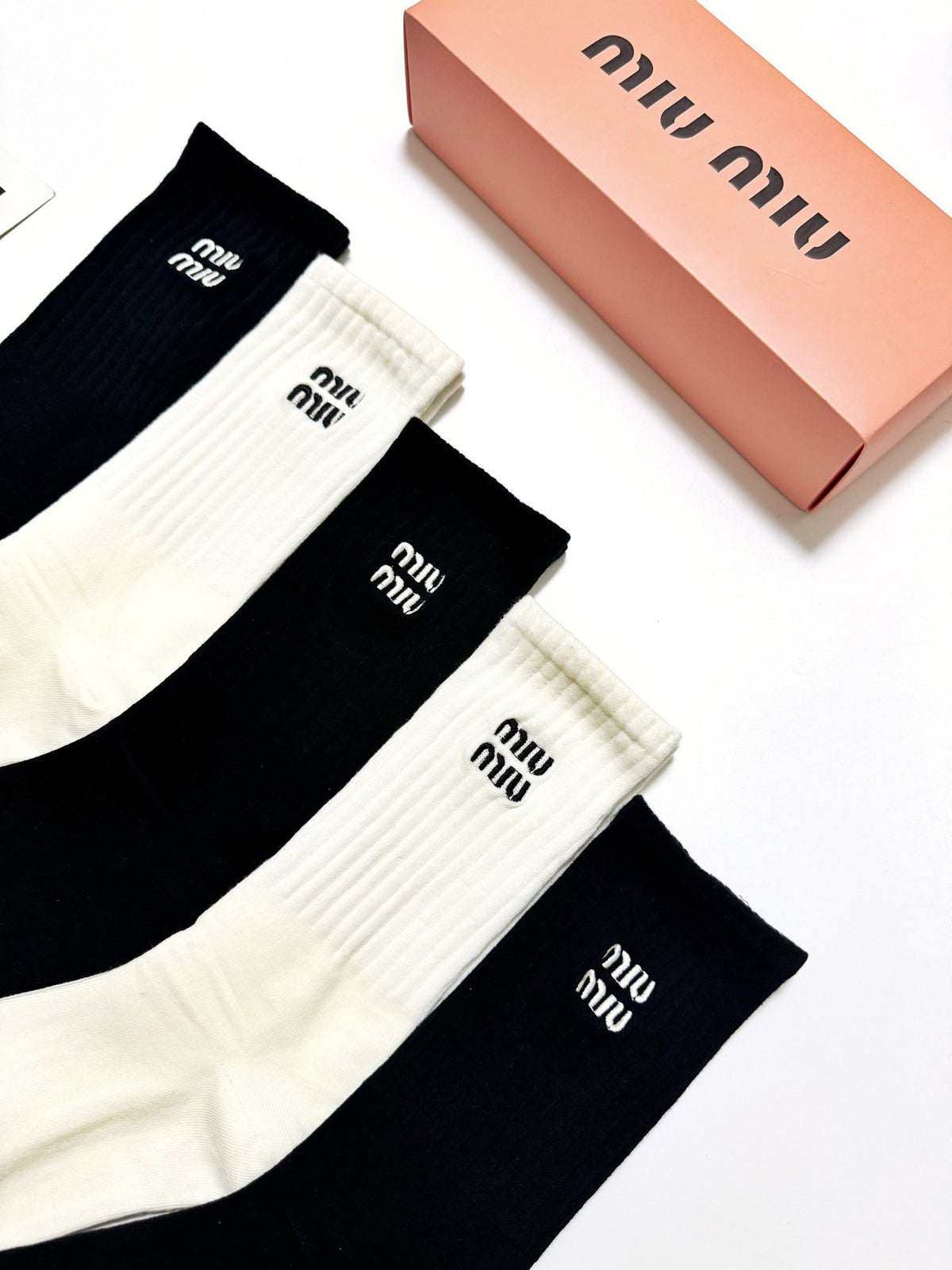 Miu Miu Black Cream Tall Plain Wordmark Crew Socks, image 3
