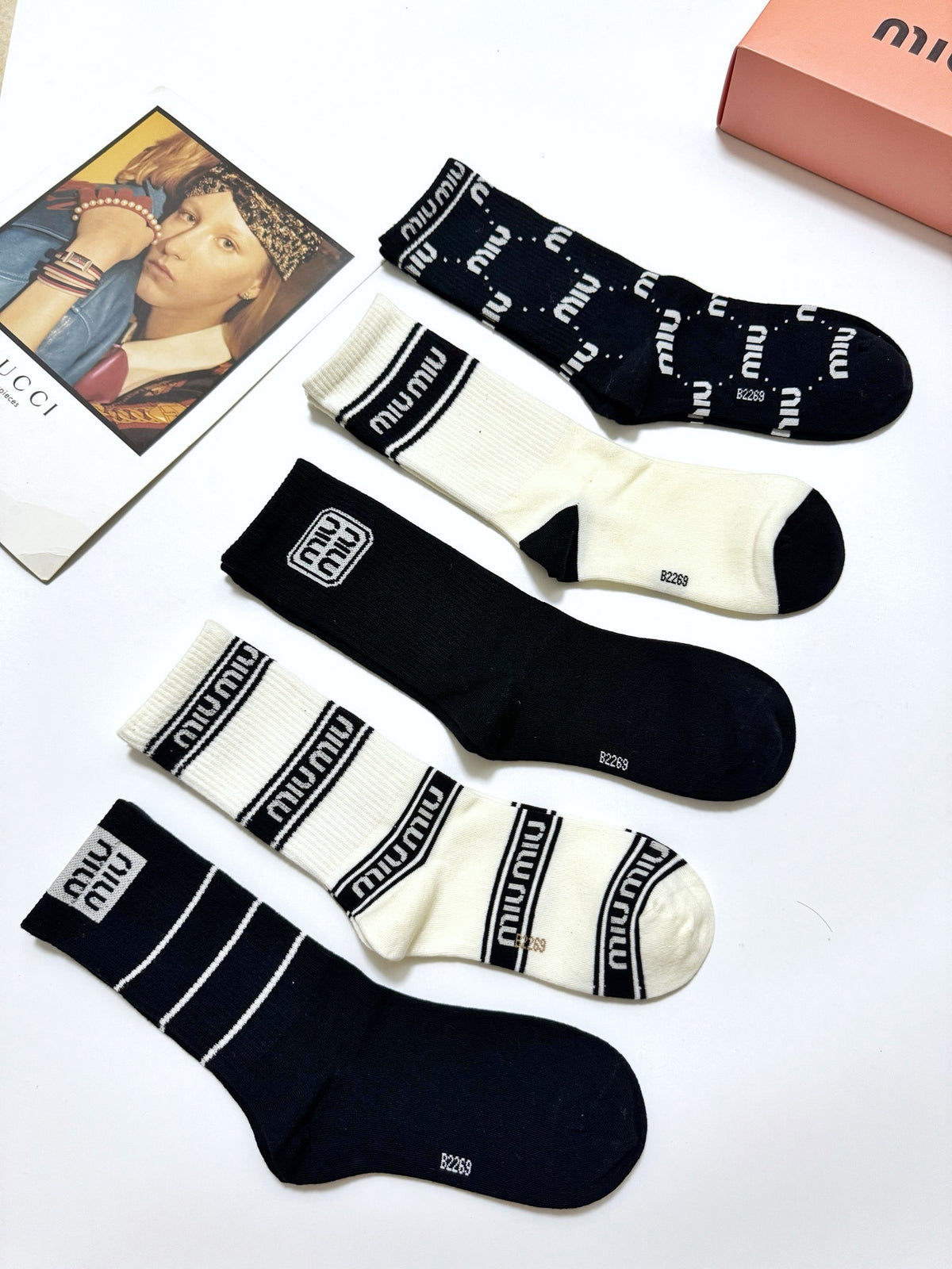 Miu Miu Black Cream Mixed Letter Stripe Patterns Crew Socks, image 6