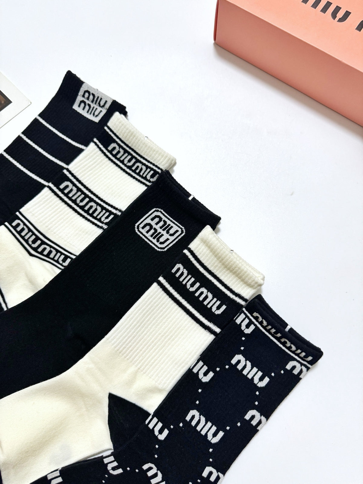 Miu Miu Black Cream Mixed Letter Stripe Patterns Crew Socks, image 3
