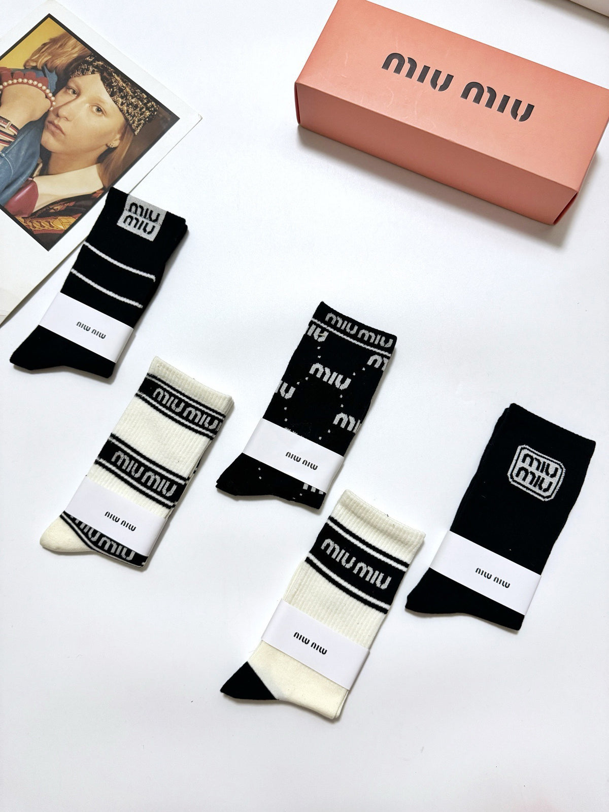 Miu Miu Black Cream Mixed Letter Stripe Patterns Crew Socks, image 9
