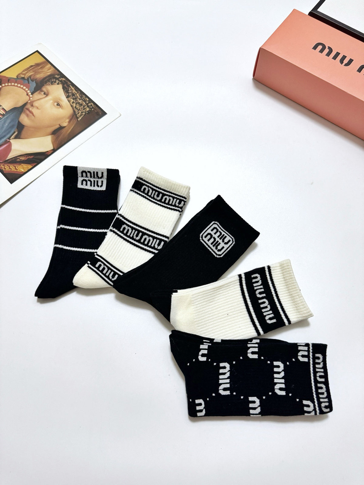 Miu Miu Black Cream Mixed Letter Stripe Patterns Crew Socks, image 8