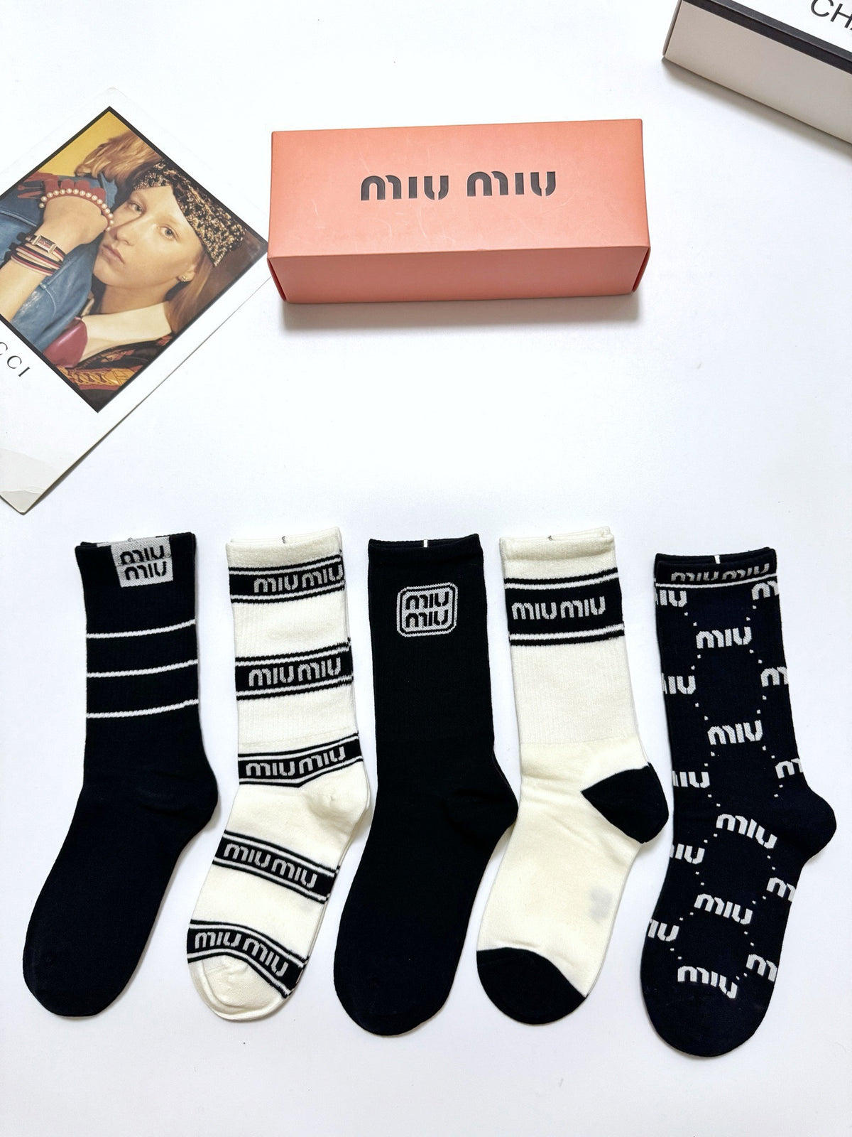 Miu Miu Black Cream Mixed Letter Stripe Patterns Crew Socks, image 1