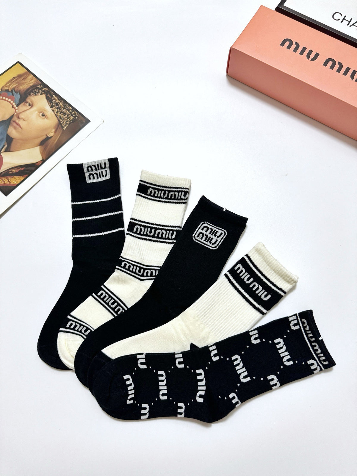 Miu Miu Black Cream Mixed Letter Stripe Patterns Crew Socks, image 5