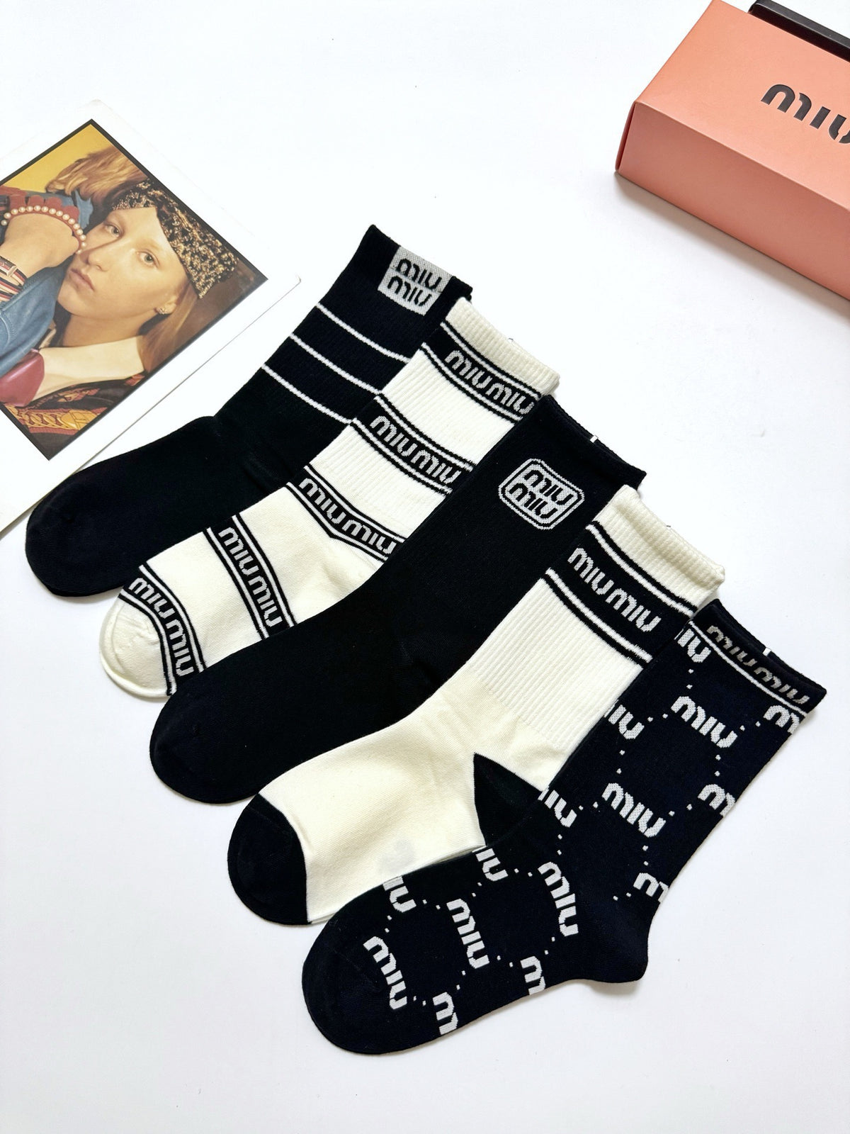 Miu Miu Black Cream Mixed Letter Stripe Patterns Crew Socks, image 2