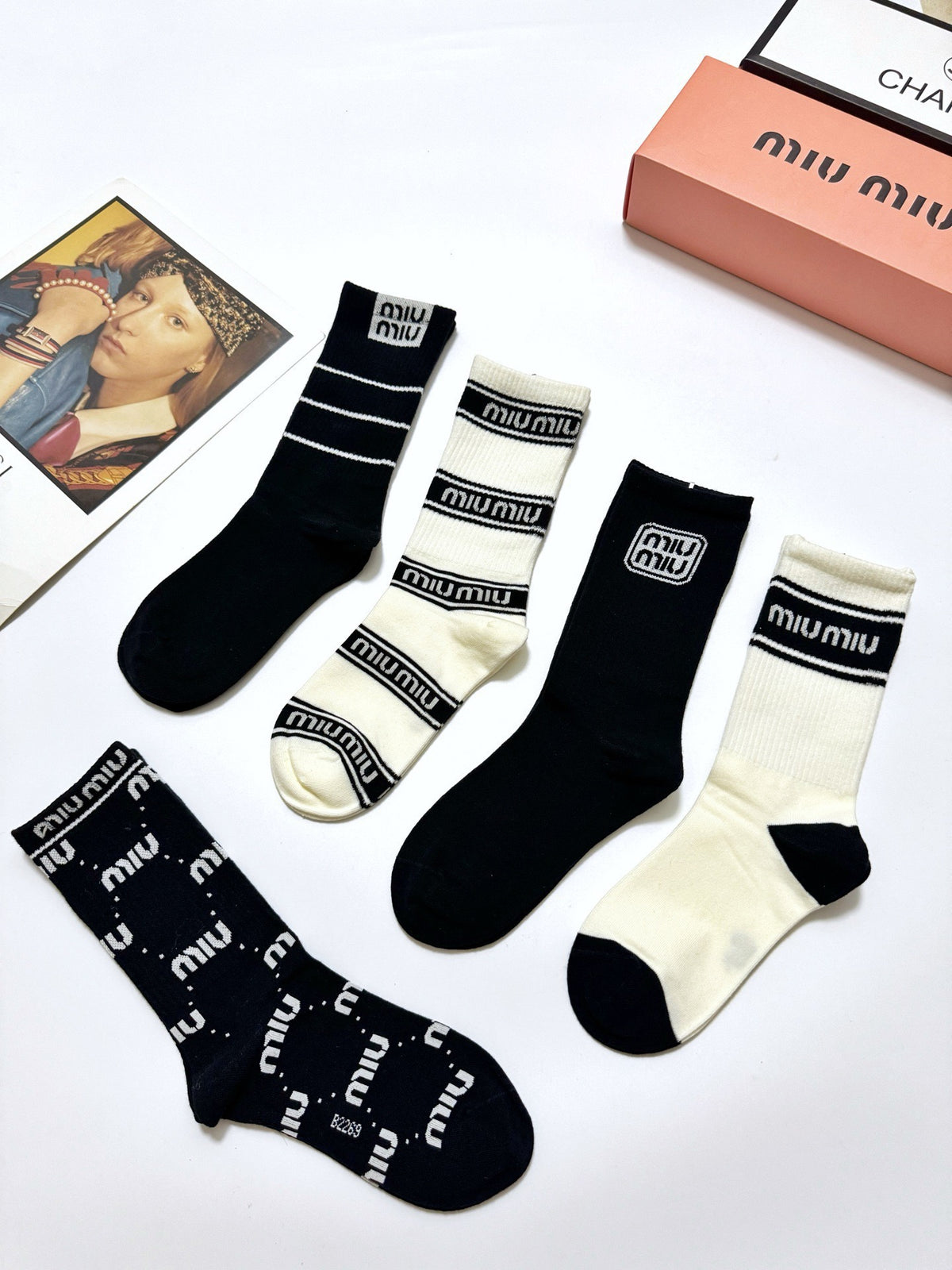 Miu Miu Black Cream Mixed Letter Stripe Patterns Crew Socks, image 4