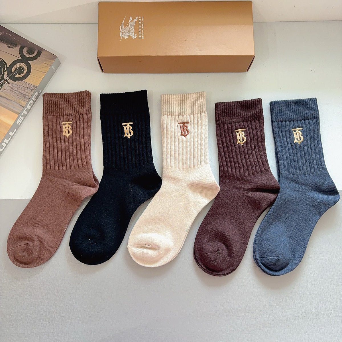 Burberry Brown Black Cream Blue Ribbed Cuffs Crew Socks, image 2