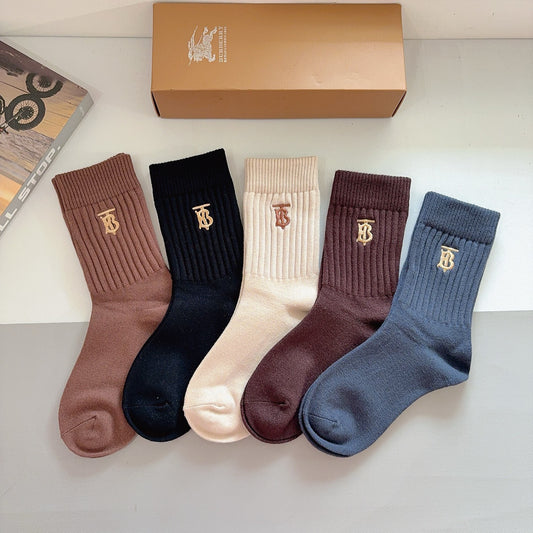 Burberry Brown Black Cream Blue Ribbed Cuffs Crew Socks, image 1