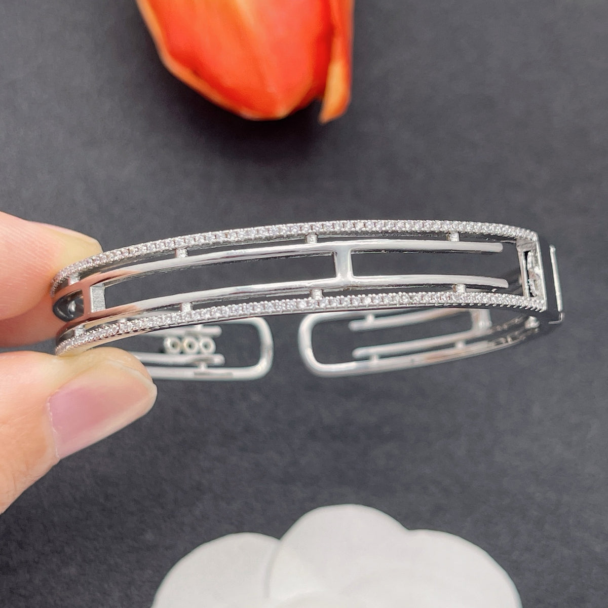Messika Pavé Open Bar bracelet in Silver Tone, detail view 9