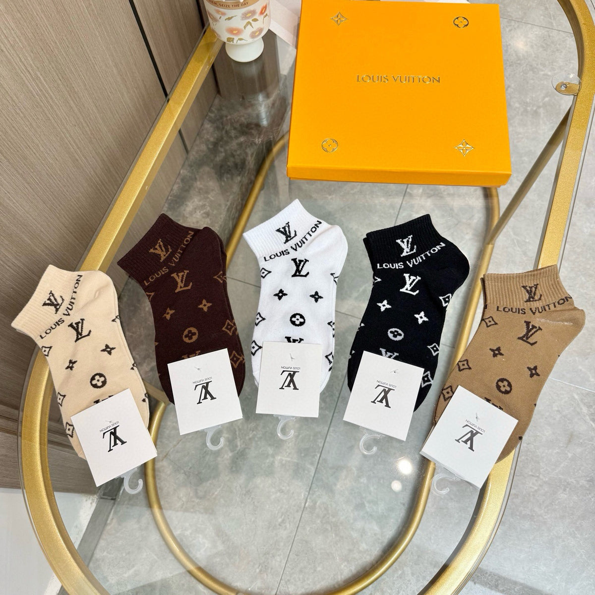 Louis Vuitton Earthy Black White Repeating Motifs Crew Socks, image 2