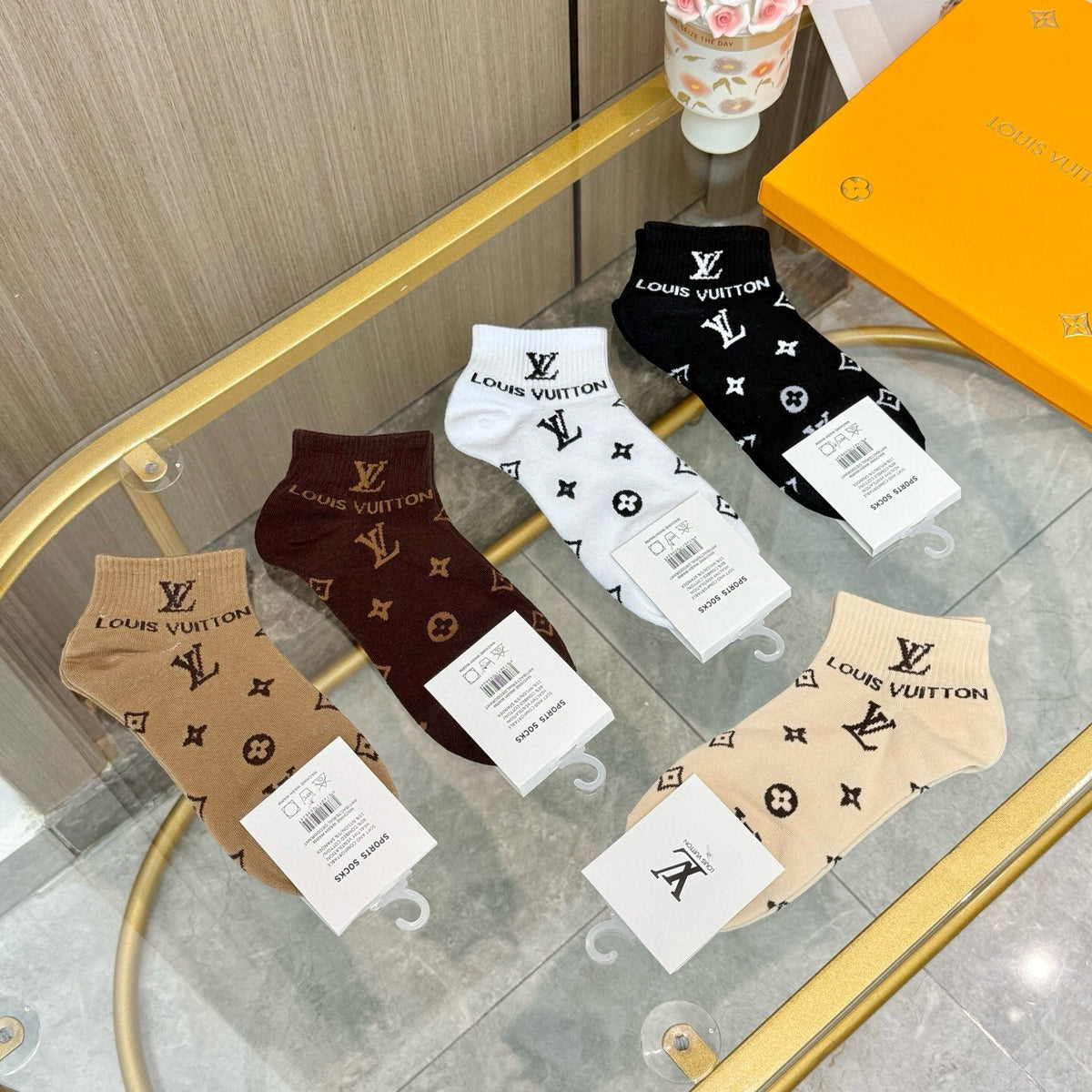 Louis Vuitton Earthy Black White Repeating Motifs Crew Socks, image 5