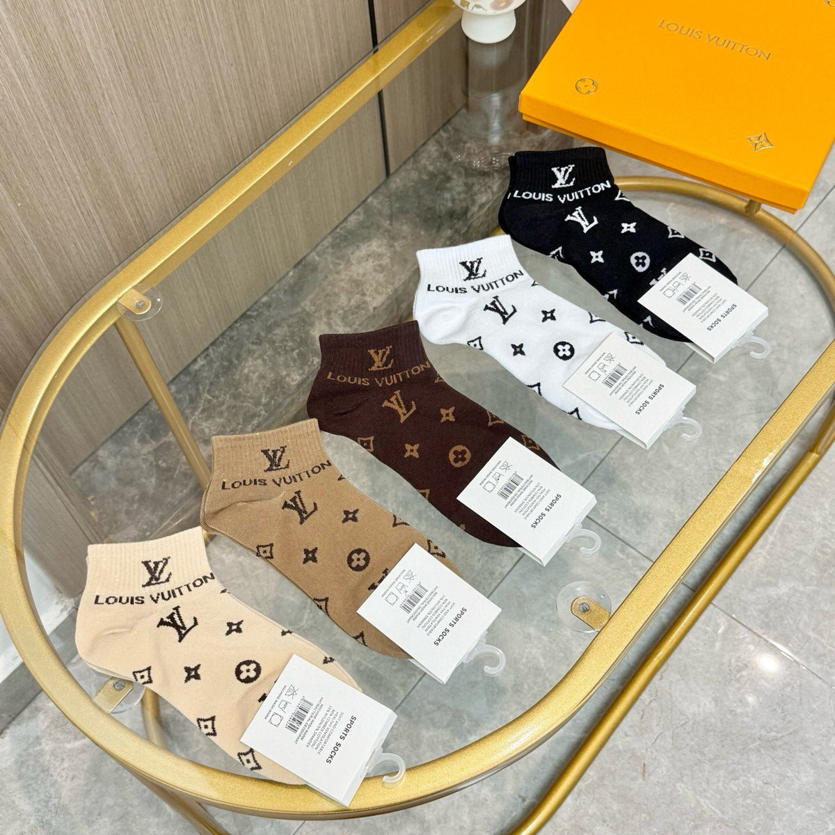 Louis Vuitton Earthy Black White Repeating Motifs Crew Socks, image 4